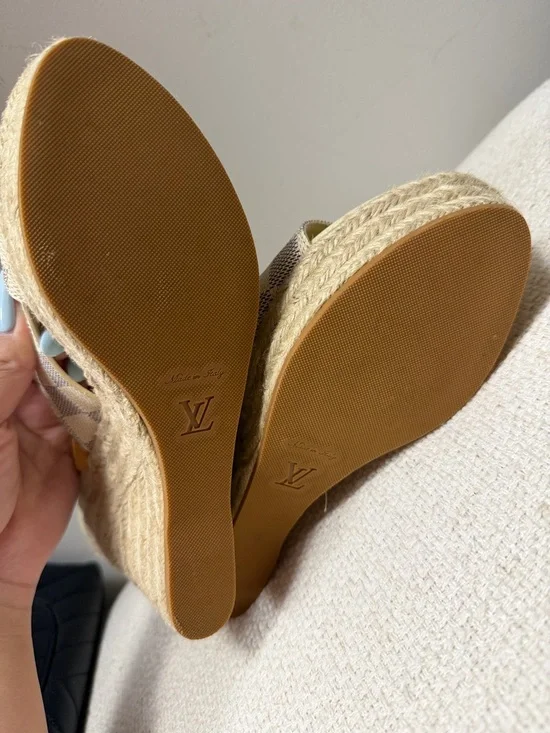 Louis Vuitton Beige Check Canvas Wedge Sandals with Tan Ankle Strap - Picture 3 of 4